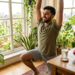 Man stretching at home near indoor plants with fresh fruit and water