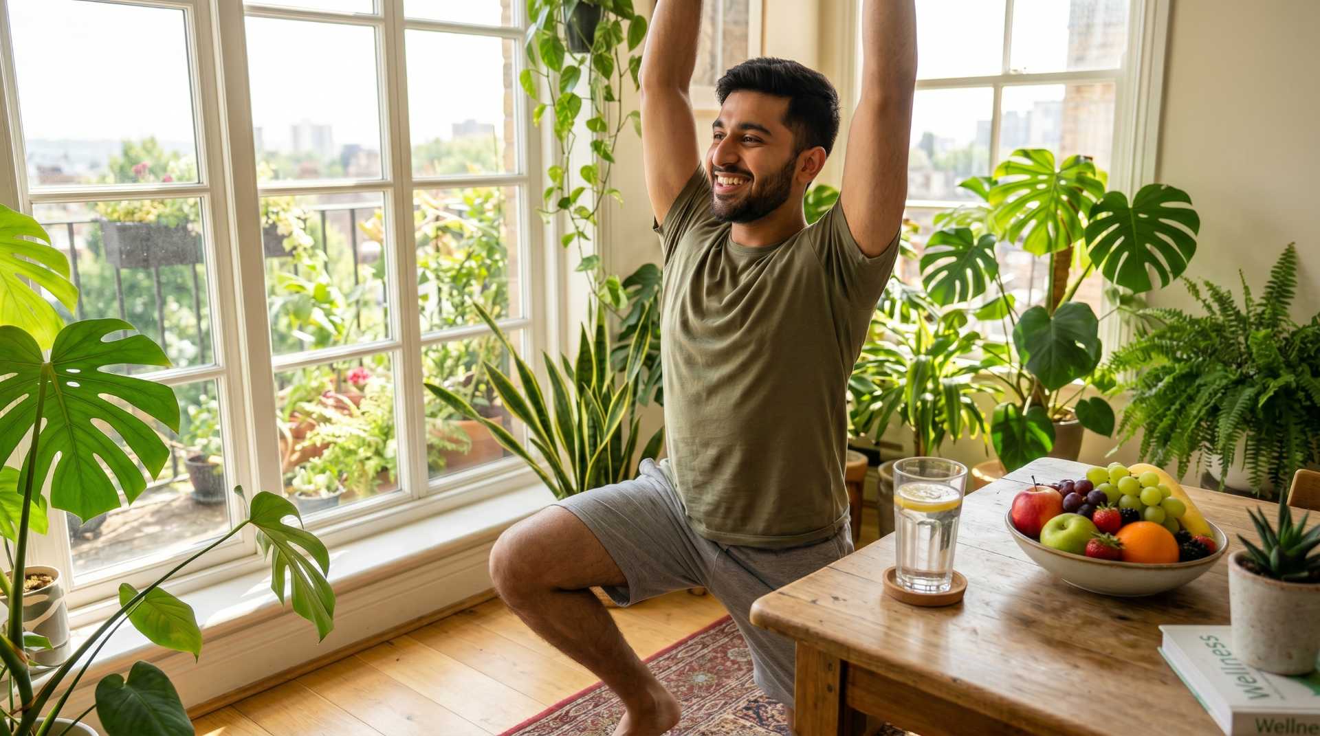 Man stretching at home near indoor plants with fresh fruit and water