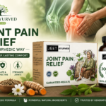 Professional Ayurvedic joint pain relief product featuring Jeet Ayurved packaging, a bottle and box, herbal ingredients, and a person experiencing knee discomfort.
