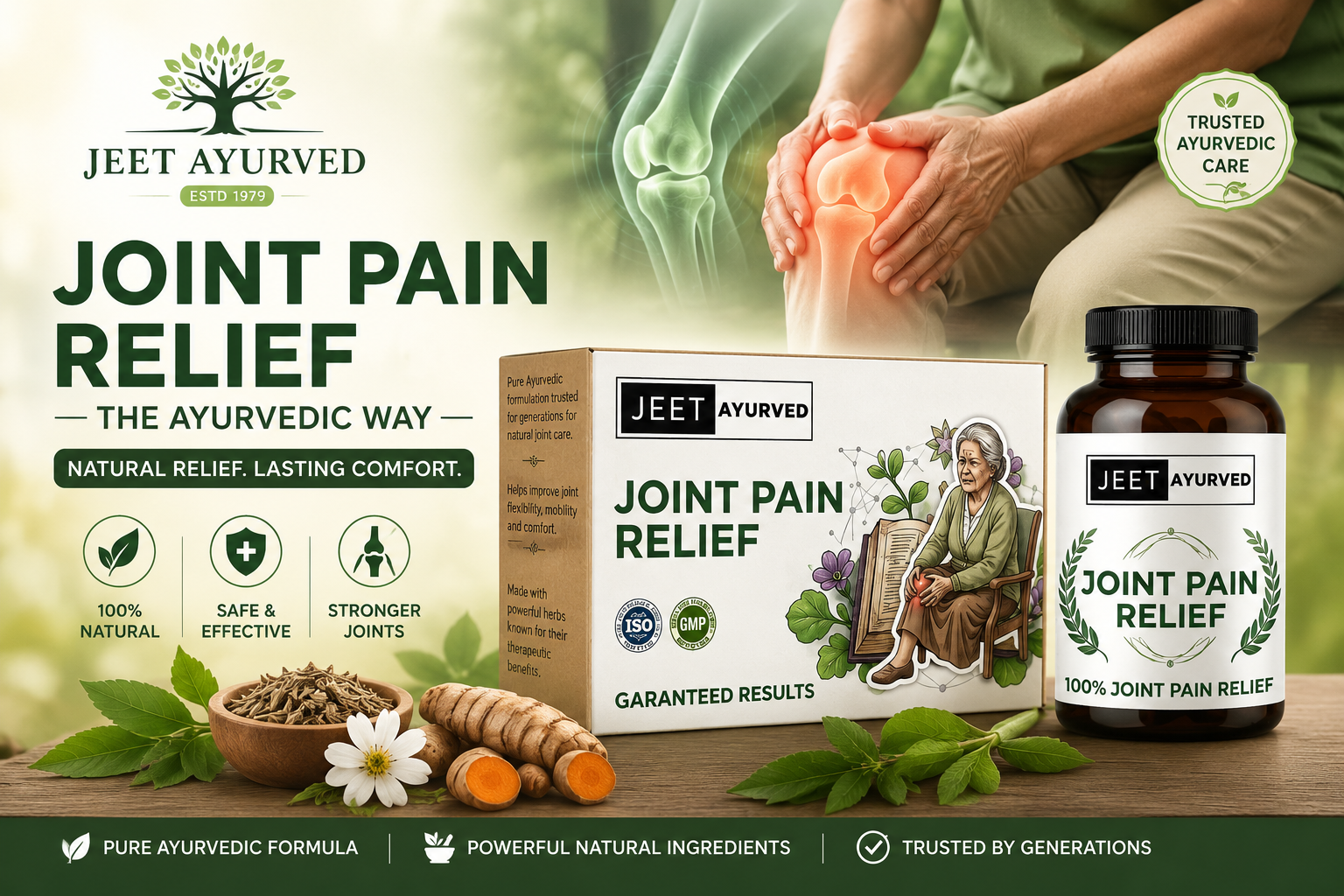 Professional Ayurvedic joint pain relief product featuring Jeet Ayurved packaging, a bottle and box, herbal ingredients, and a person experiencing knee discomfort.