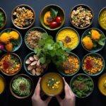 Colorful Ayurvedic Diet-inspired healthy meals with vegetables, legumes, herbs, and spices arranged in bowls