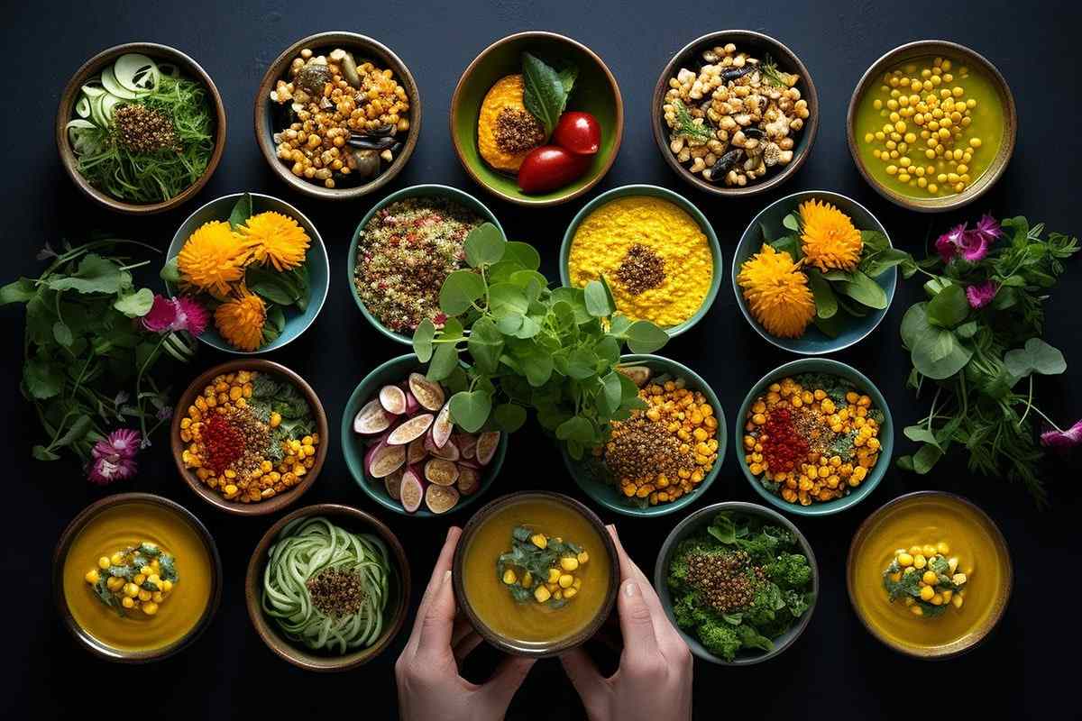 Colorful Ayurvedic Diet-inspired healthy meals with vegetables, legumes, herbs, and spices arranged in bowls