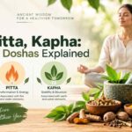 Illustration explaining the three Ayurvedic doshas—Vata, Pitta, and Kapha—with herbal ingredients, meditation, and holistic wellness concepts by Jeet Ayurved.