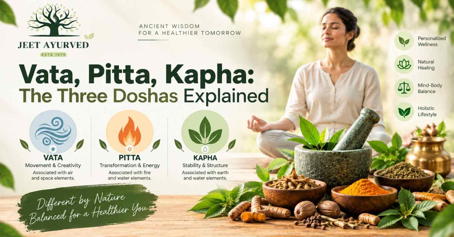 Illustration explaining the three Ayurvedic doshas—Vata, Pitta, and Kapha—with herbal ingredients, meditation, and holistic wellness concepts by Jeet Ayurved.