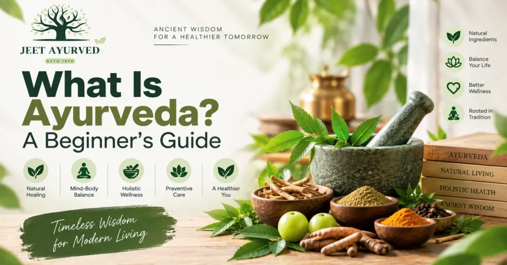 What Is Ayurveda? A Beginner's Guide featuring Ayurvedic herbs, natural healing ingredients, and holistic wellness concepts by Jeet Ayurved.