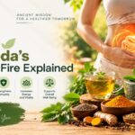what is Agni in ayurveda digestive fire, with glowing digestive system, herbal tea, turmeric, ginger, Ayurvedic herbs, and natural wellness elements by Jeet Ayurved.