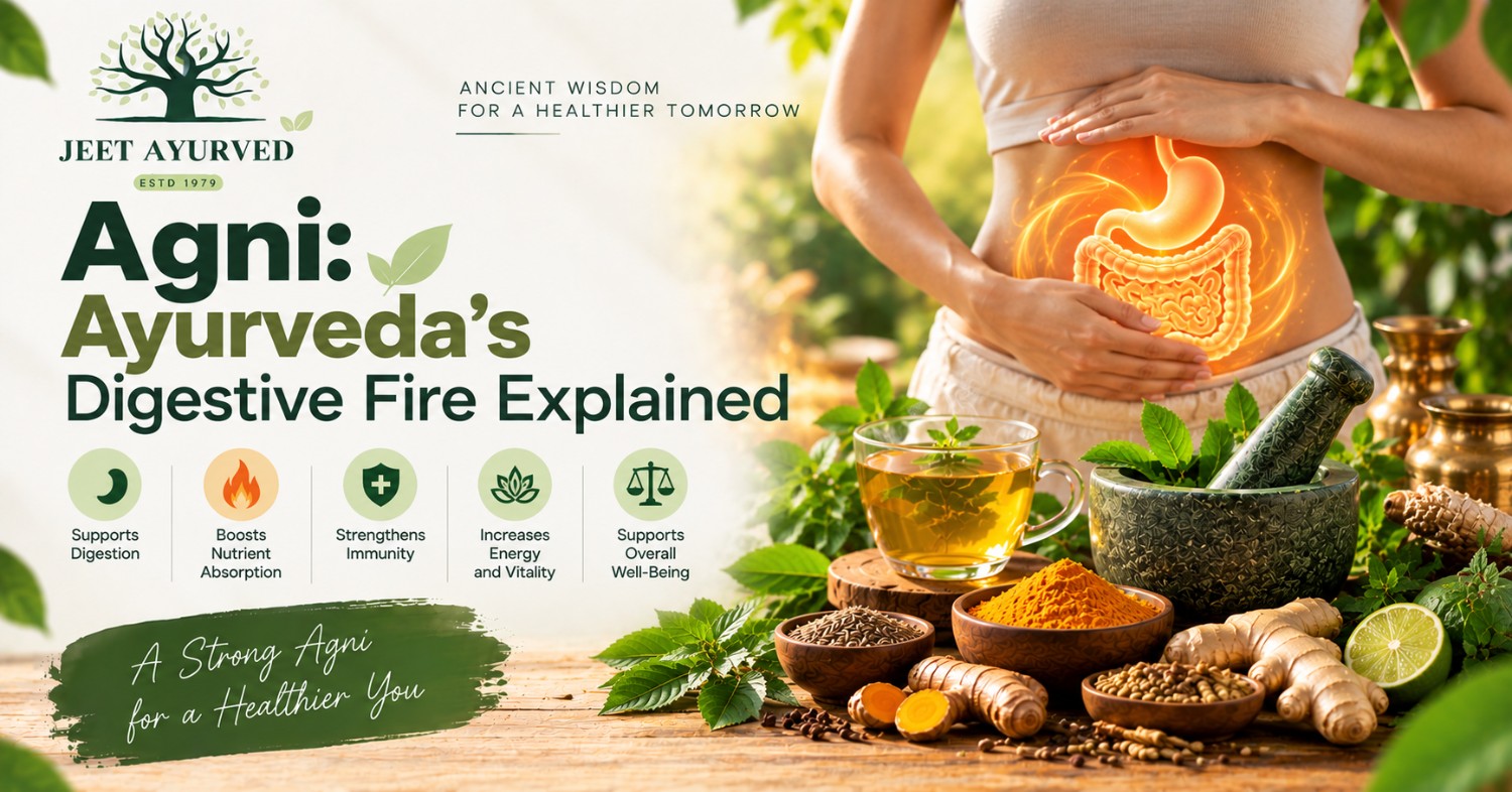 what is Agni in ayurveda digestive fire, with glowing digestive system, herbal tea, turmeric, ginger, Ayurvedic herbs, and natural wellness elements by Jeet Ayurved.