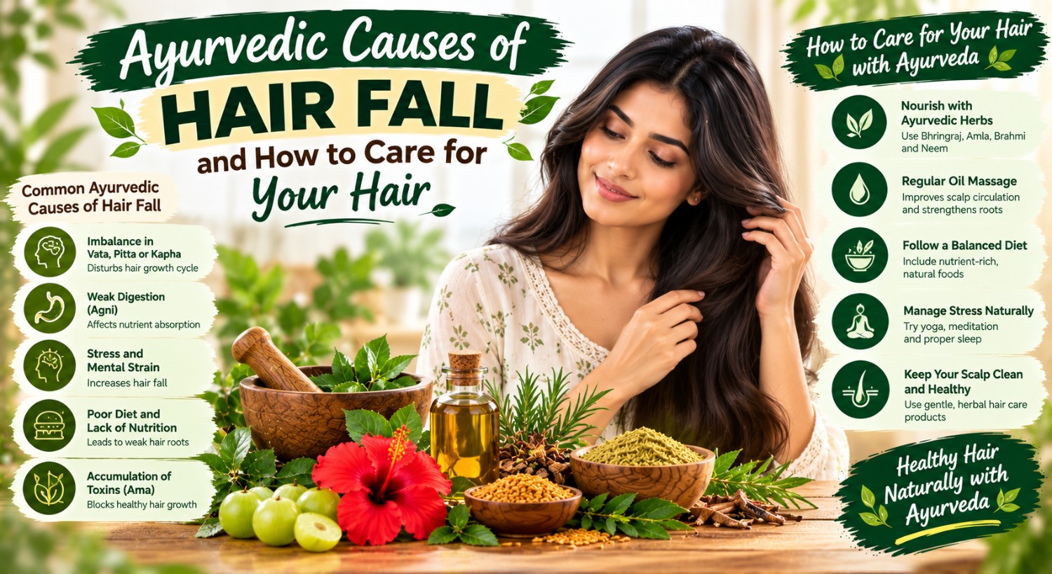 Ayurvedic causes of hair fall and how to care for your hair with herbs, oil massage, healthy diet, and scalp care