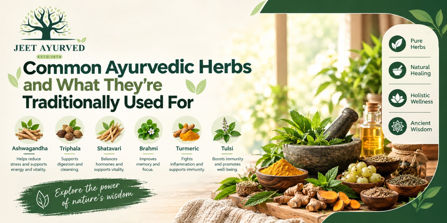 Common Ayurvedic herbs and their traditional uses, including Ashwagandha, Triphala, Shatavari, Brahmi, Turmeric, and Tulsi, by Jeet Ayurved.