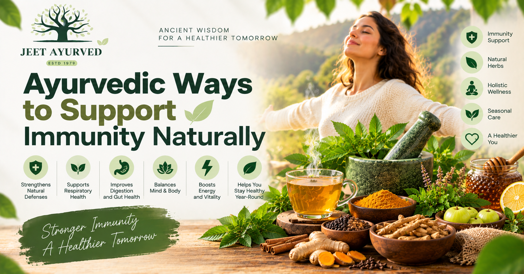 Ayurvedic ways to boost immunity featuring turmeric, ginger, tulsi, amla, herbal tea, natural herbs, and holistic wellness practices to strengthen the immune system naturally by Jeet Ayurved