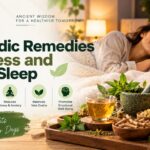 Ayurvedic remedies for stress and better sleep featuring herbal tea, Ashwagandha, Brahmi, Jatamansi, calming herbs, and a peaceful sleeping woman promoting natural relaxation and holistic wellness by Jeet Ayurved.