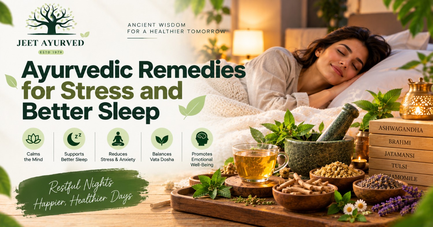 Ayurvedic remedies for stress and better sleep featuring herbal tea, Ashwagandha, Brahmi, Jatamansi, calming herbs, and a peaceful sleeping woman promoting natural relaxation and holistic wellness by Jeet Ayurved.